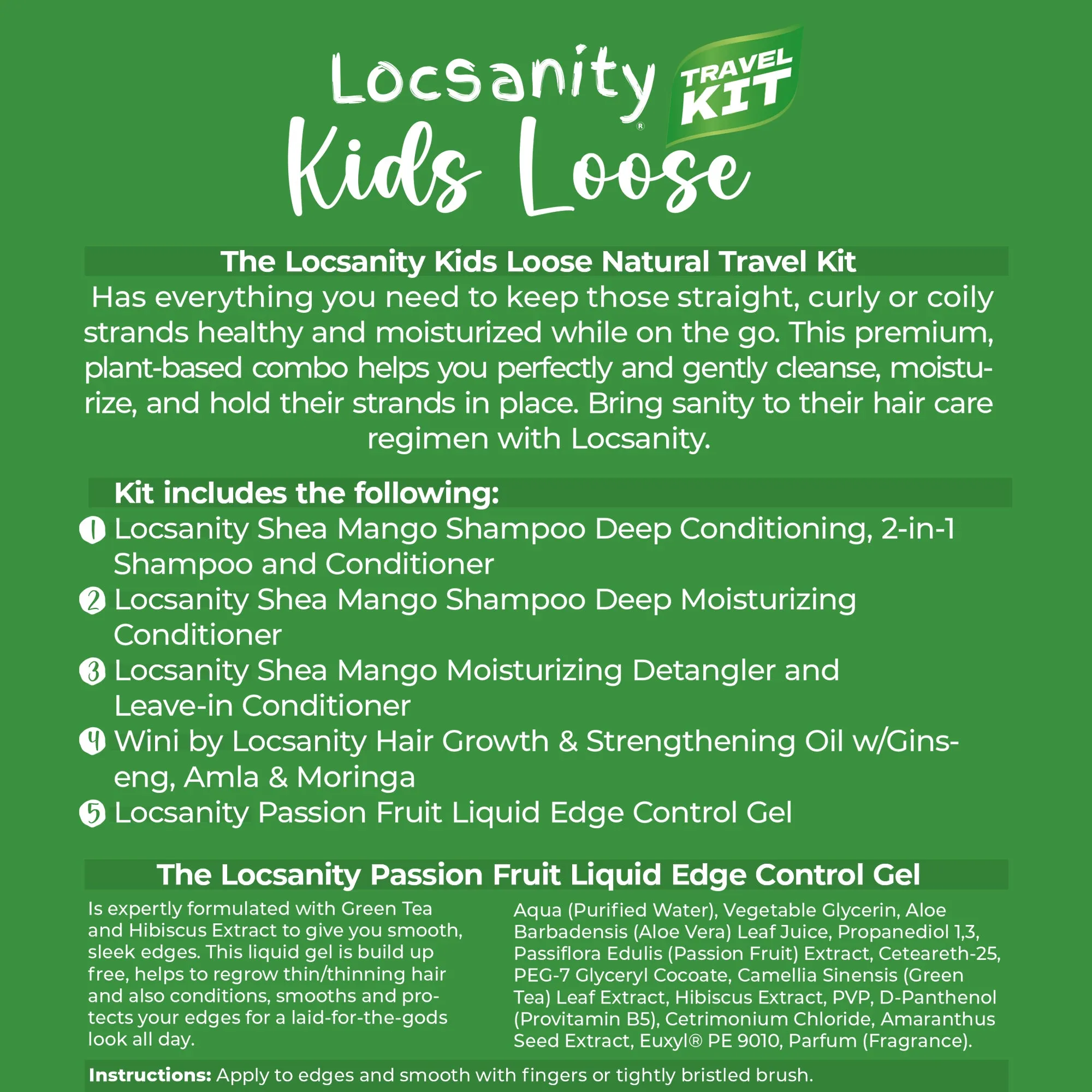 Locsanity Natural Kids Travel Kit, 2-in-1 Shampoo/Conditioner, Deep Conditioner, Hair Oil, Detangler, Gel