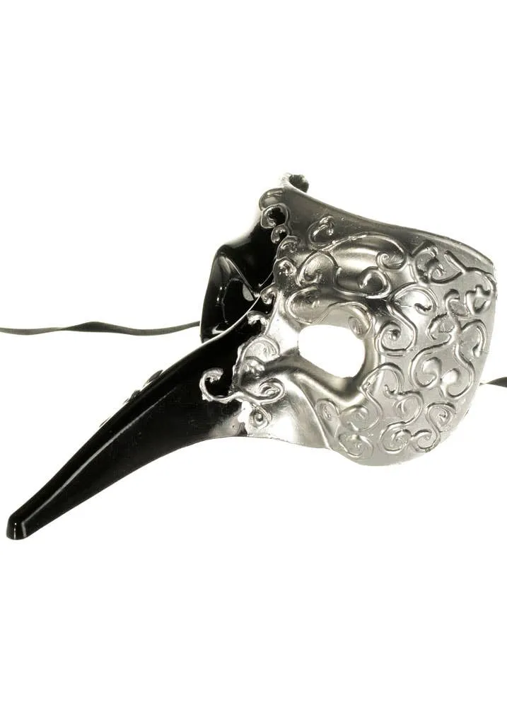 Long Nose Black and Silver Venetian Masquerade Mask