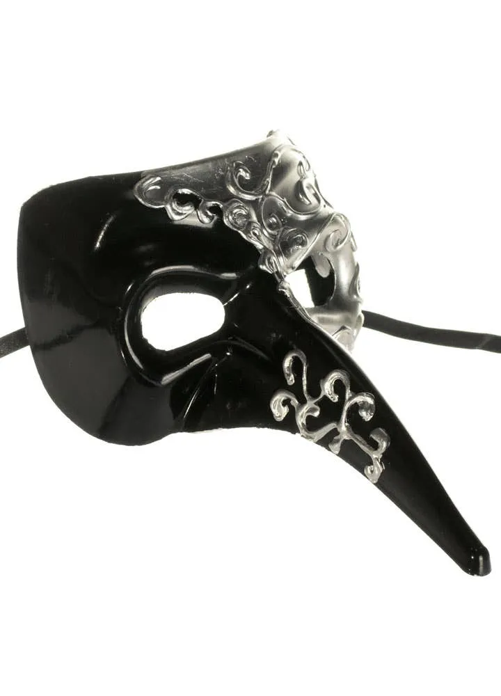 Long Nose Black and Silver Venetian Masquerade Mask