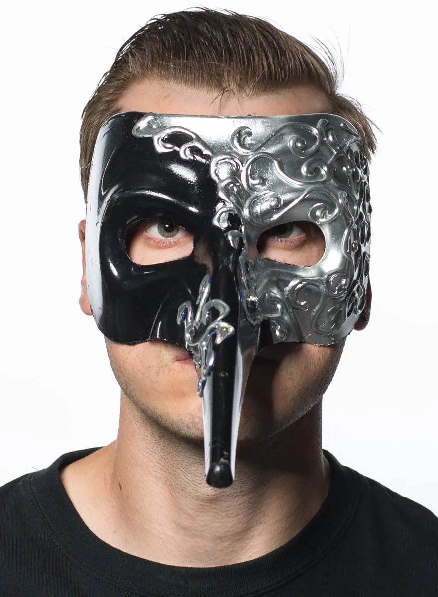Long Nose Black and Silver Venetian Masquerade Mask
