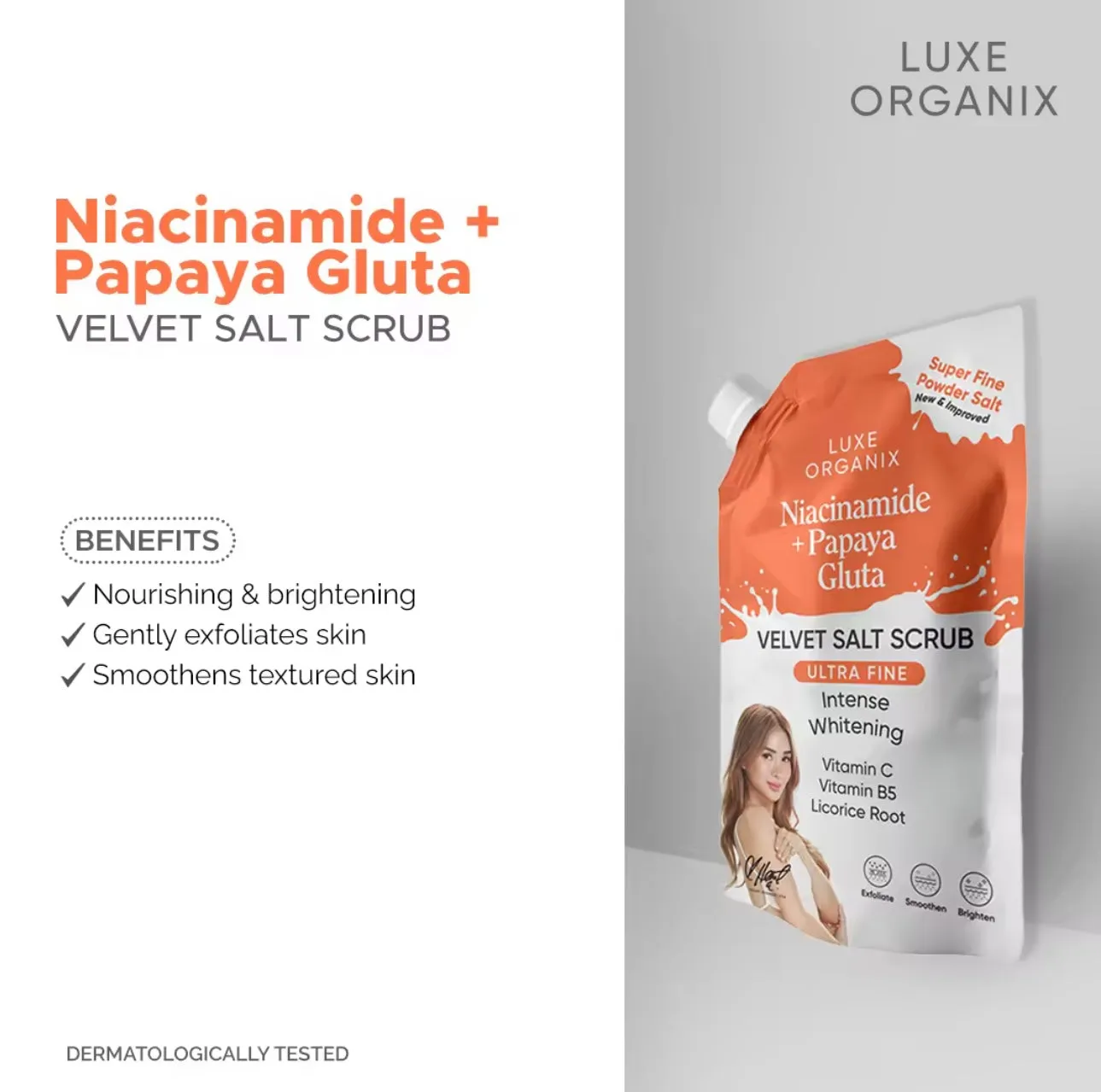 Luxe Organix - Niacinamide   Papaya Gluta Velvet Salt Scrub 300G ( Orange Pouch )