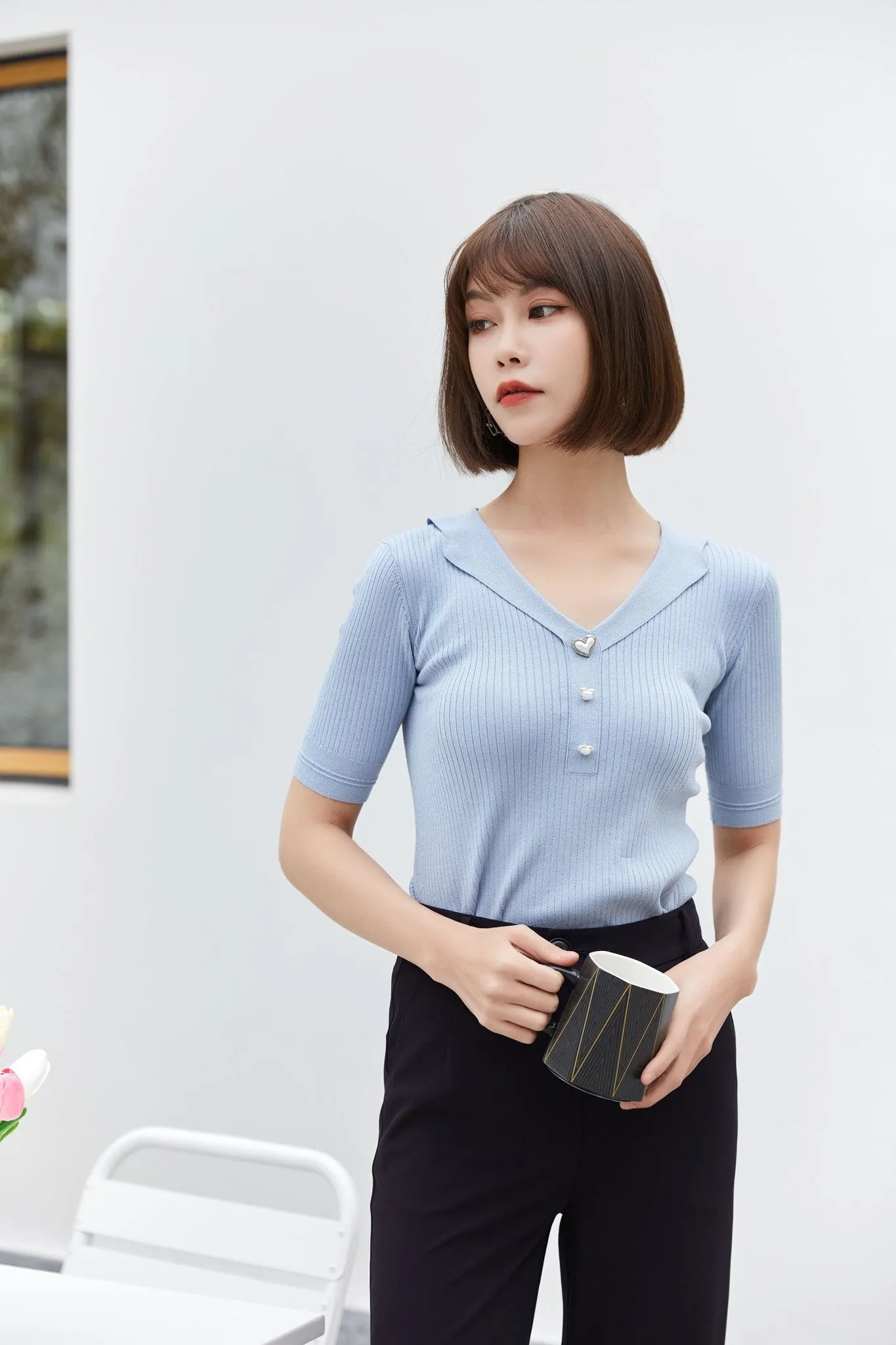 Mist Blue V-Neck Short Sleeve T-shirt