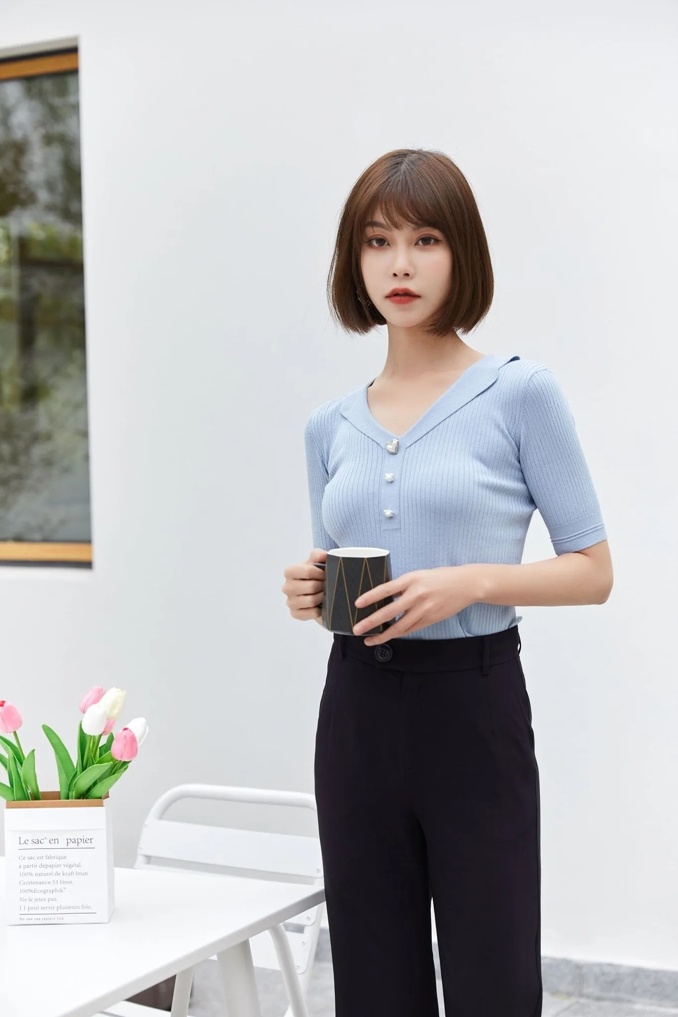 Mist Blue V-Neck Short Sleeve T-shirt