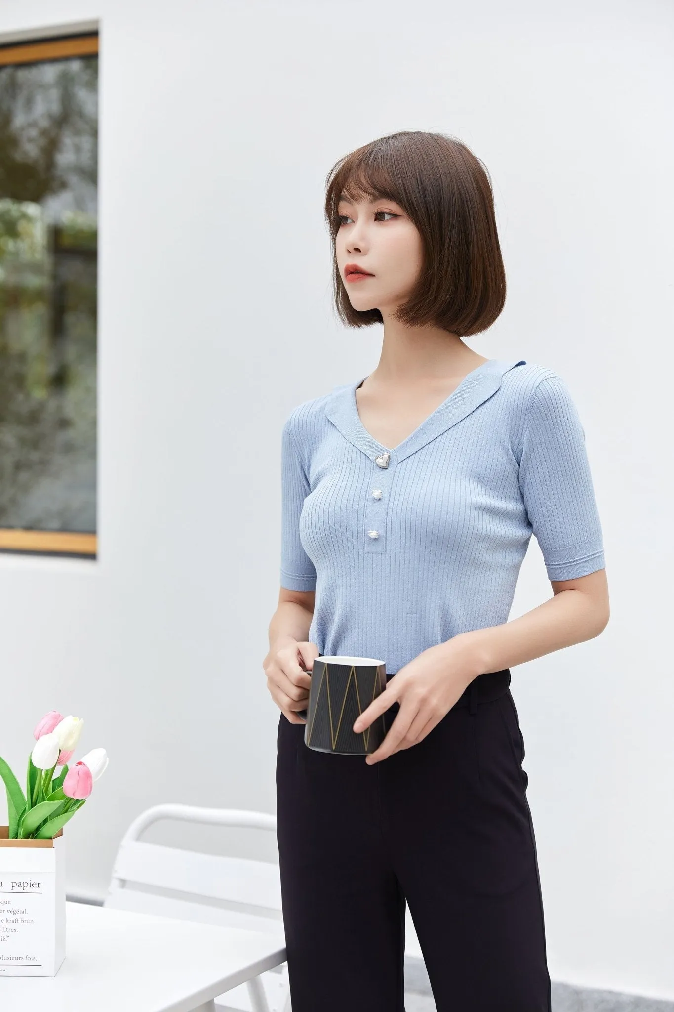 Mist Blue V-Neck Short Sleeve T-shirt