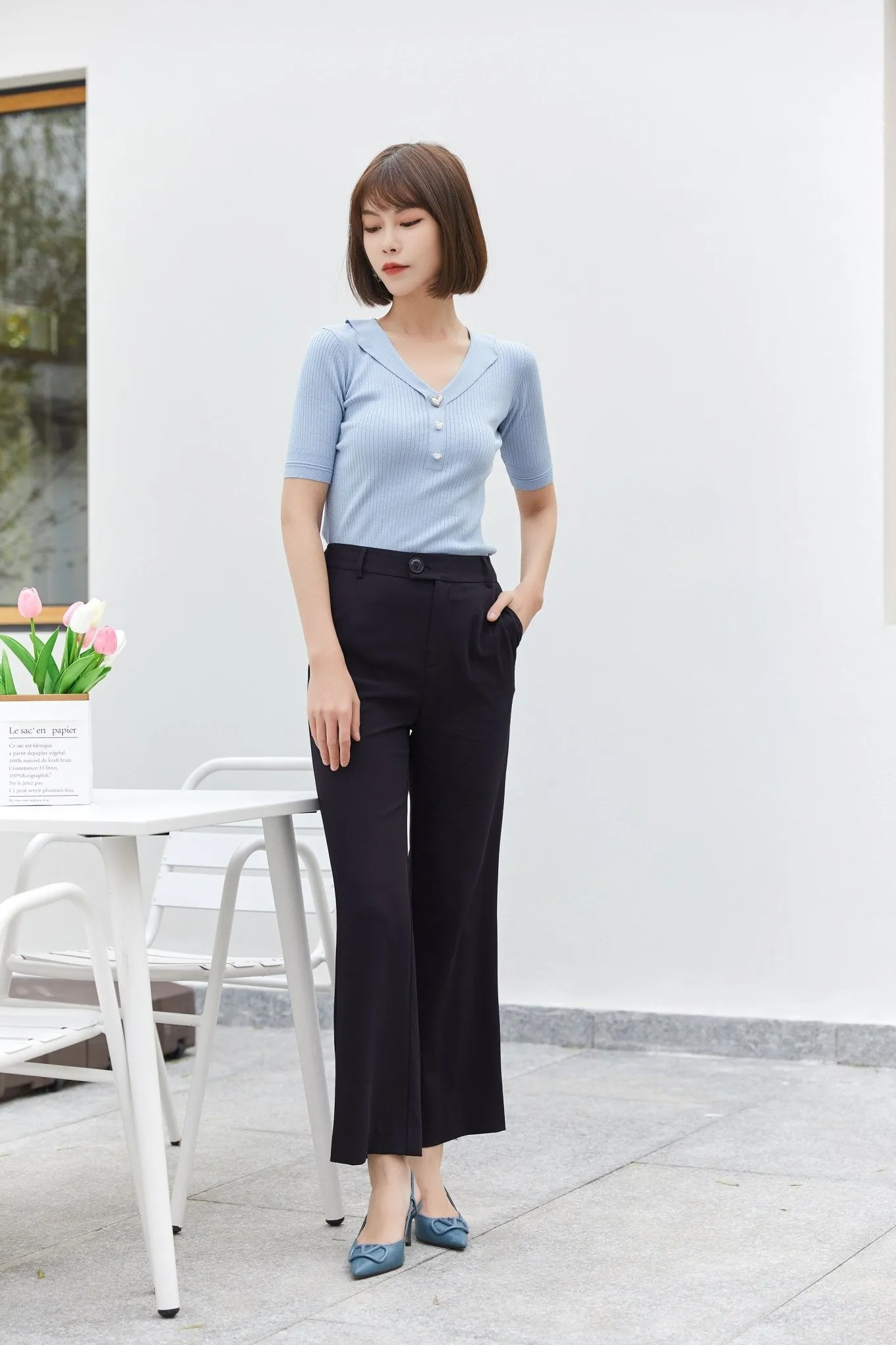 Mist Blue V-Neck Short Sleeve T-shirt