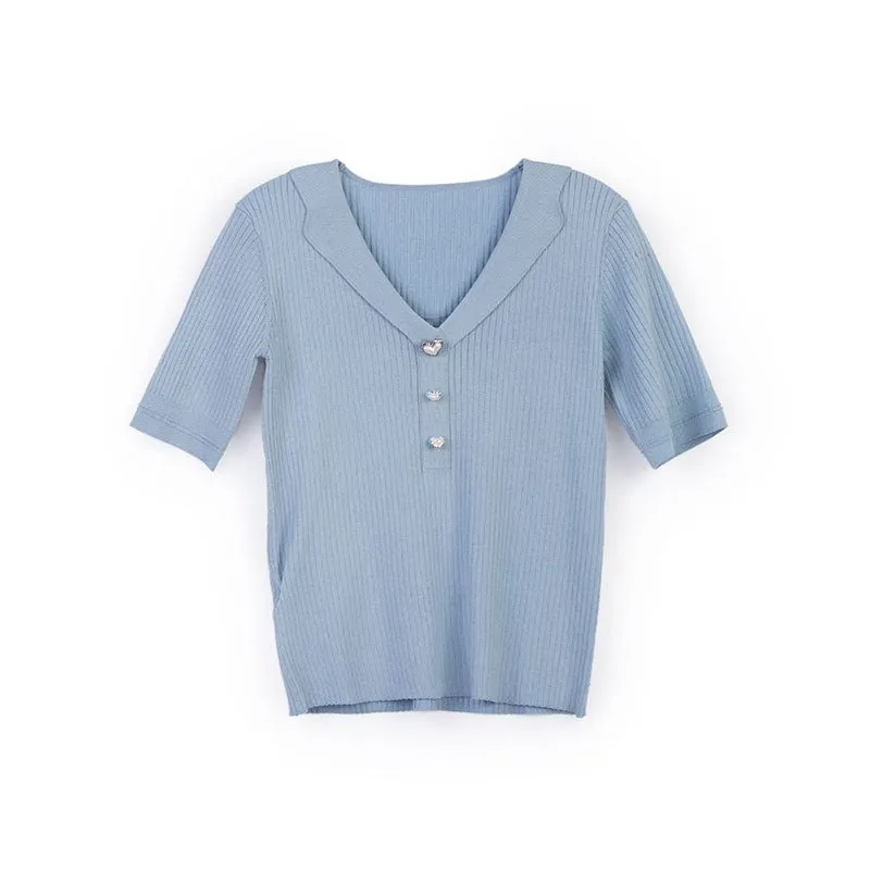 Mist Blue V-Neck Short Sleeve T-shirt