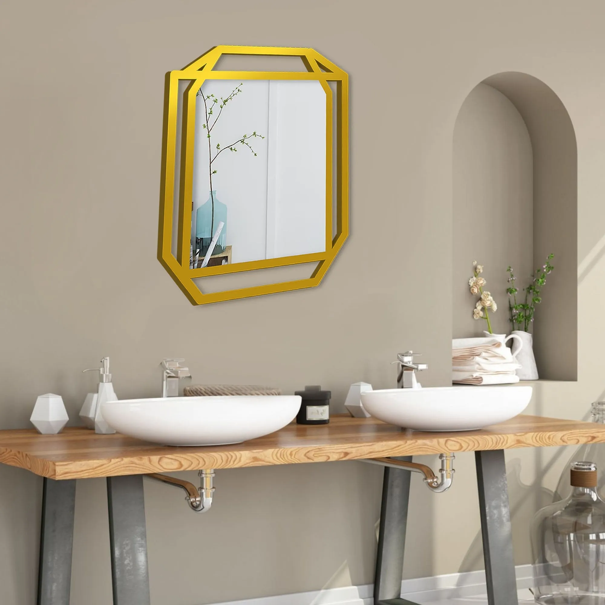 Modern Geometrical Rectangular Shape Golden Finish Wooden Vanity Mirror