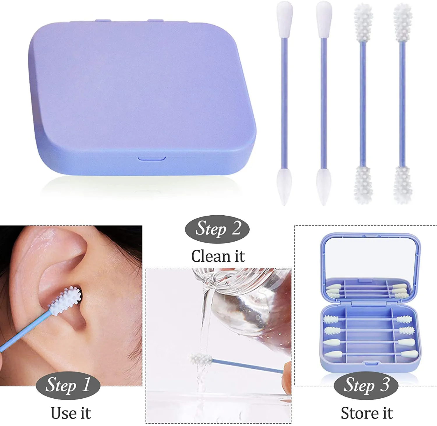 New TOROKOM 4 Count Reusable Portable Silicone Swab for Ear Cleaning, Makeup, 2 in 1 Cotton Swabs Set with Case and Cosmetic Mirror (1 Pack, Lilac)