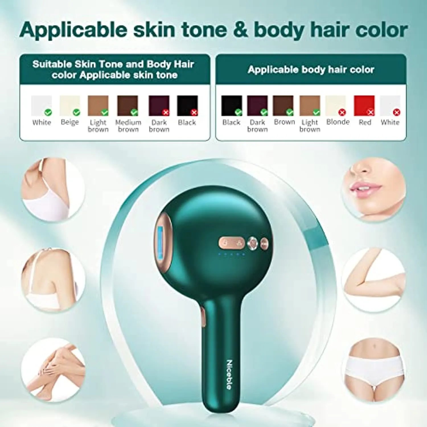 NICEBLE Hair Removal Device with Sapphire Ice-cooling System, Permanent Painless Hair Removal for Women and Men, Upgraded At-Home Hair Remover with Face & Body Mode