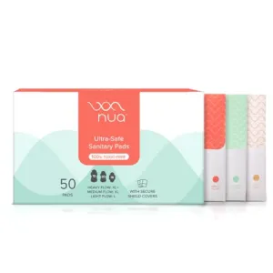 Nua Ultra Safe 50 Sanitary Pads For Women | 3 sizes in 1: 12 Heavy Flow-XL , 20 Medium-XL & 18 Light-L | Toxic-Free & Rash-Free | Unscented | Leakproof | With 50 Disposal Pouches| Bulk Pack