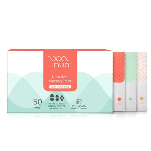 Nua Ultra Safe 50 Sanitary Pads For Women | 3 sizes in 1: 12 Heavy Flow-XL , 20 Medium-XL & 18 Light-L | Toxic-Free & Rash-Free | Unscented | Leakproof | With 50 Disposal Pouches| Bulk Pack