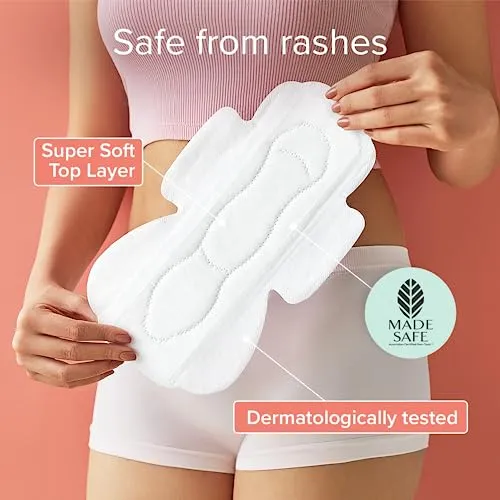 Nua Ultra Safe 50 Sanitary Pads For Women | 3 sizes in 1: 12 Heavy Flow-XL , 20 Medium-XL & 18 Light-L | Toxic-Free & Rash-Free | Unscented | Leakproof | With 50 Disposal Pouches| Bulk Pack