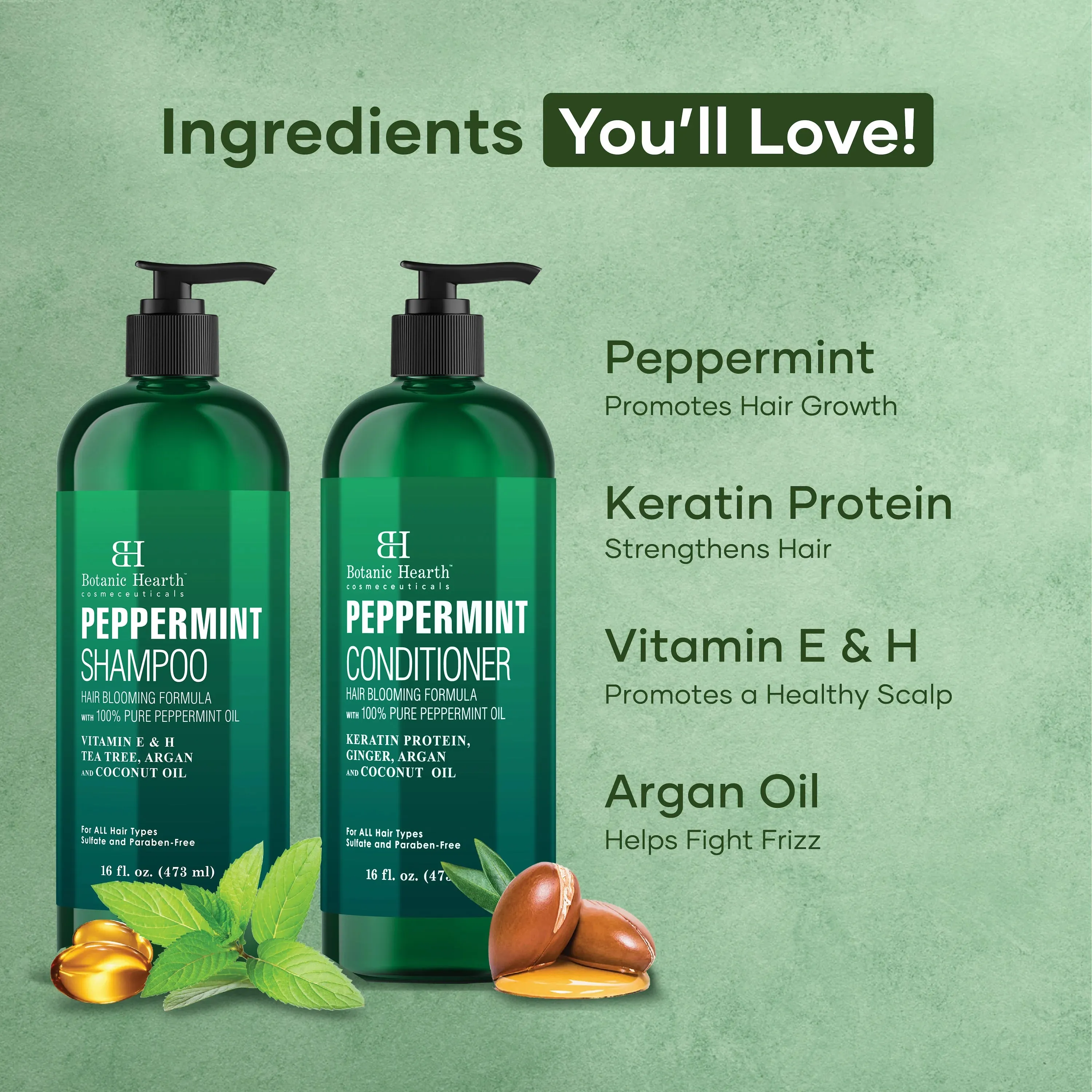 Peppermint Oil Shampoo and Conditioner Set with Keratin | 16 fl oz each