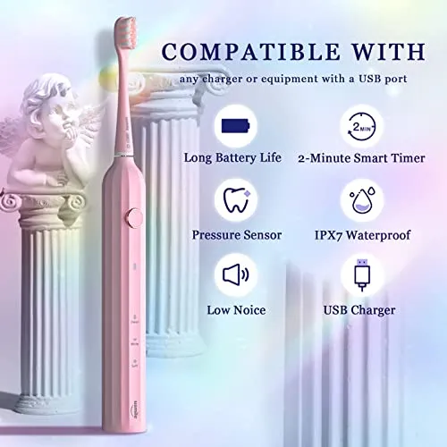 Pink Rechargeable Electric Sonic Toothbrush w/Smart Timer, Whitening Brush & Travel Case