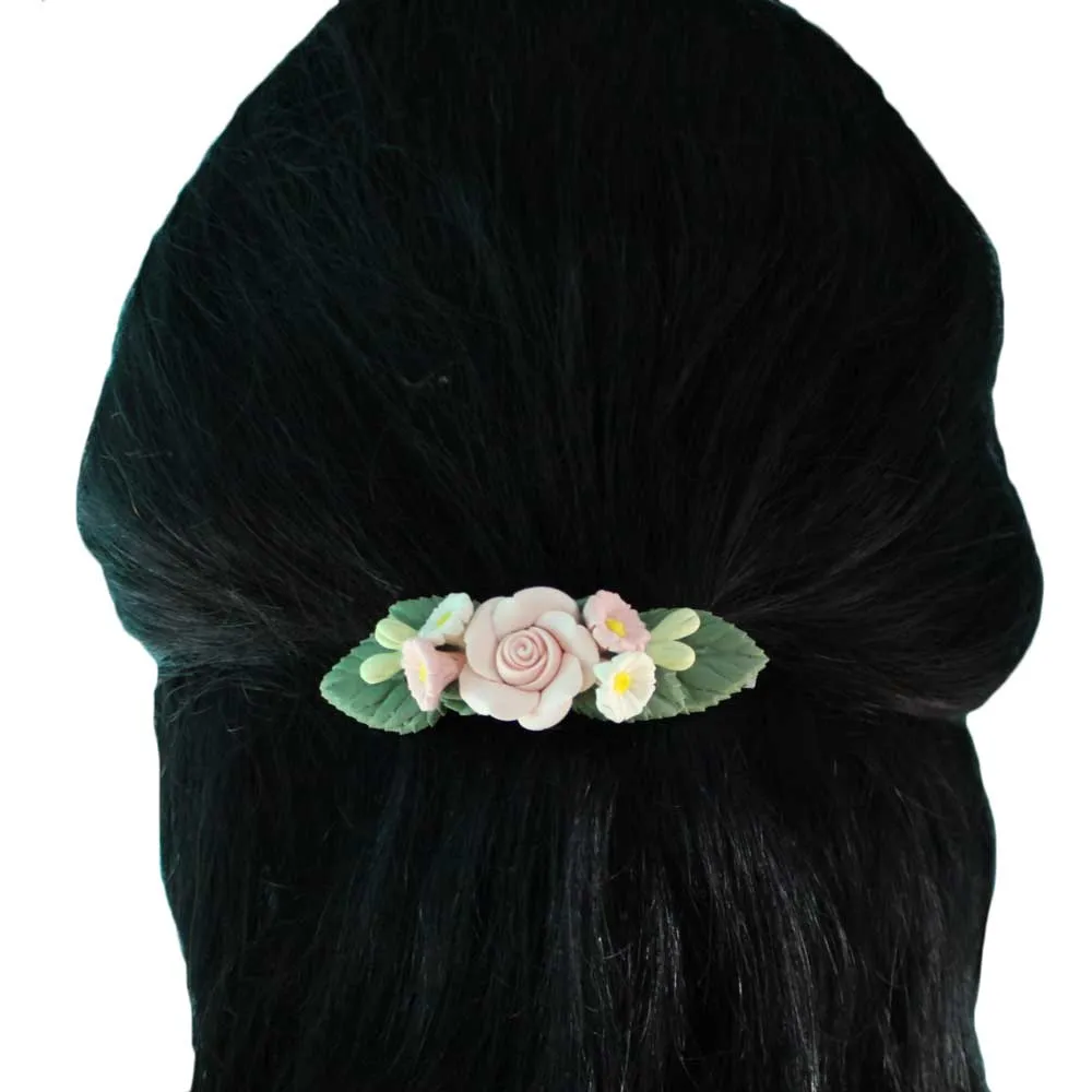 Pink Rose and Daisies Fimo Clay Hair Clip - HO489