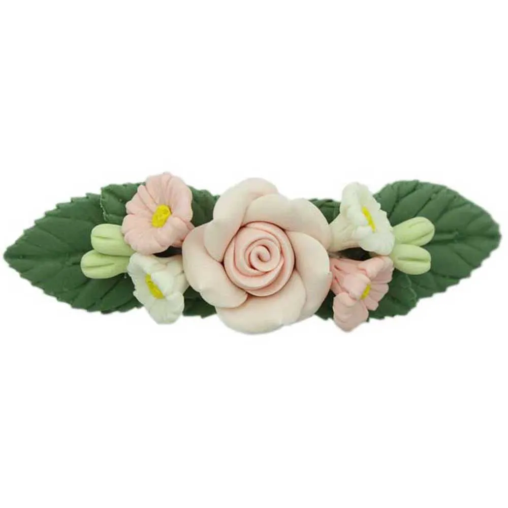Pink Rose and Daisies Fimo Clay Hair Clip - HO489