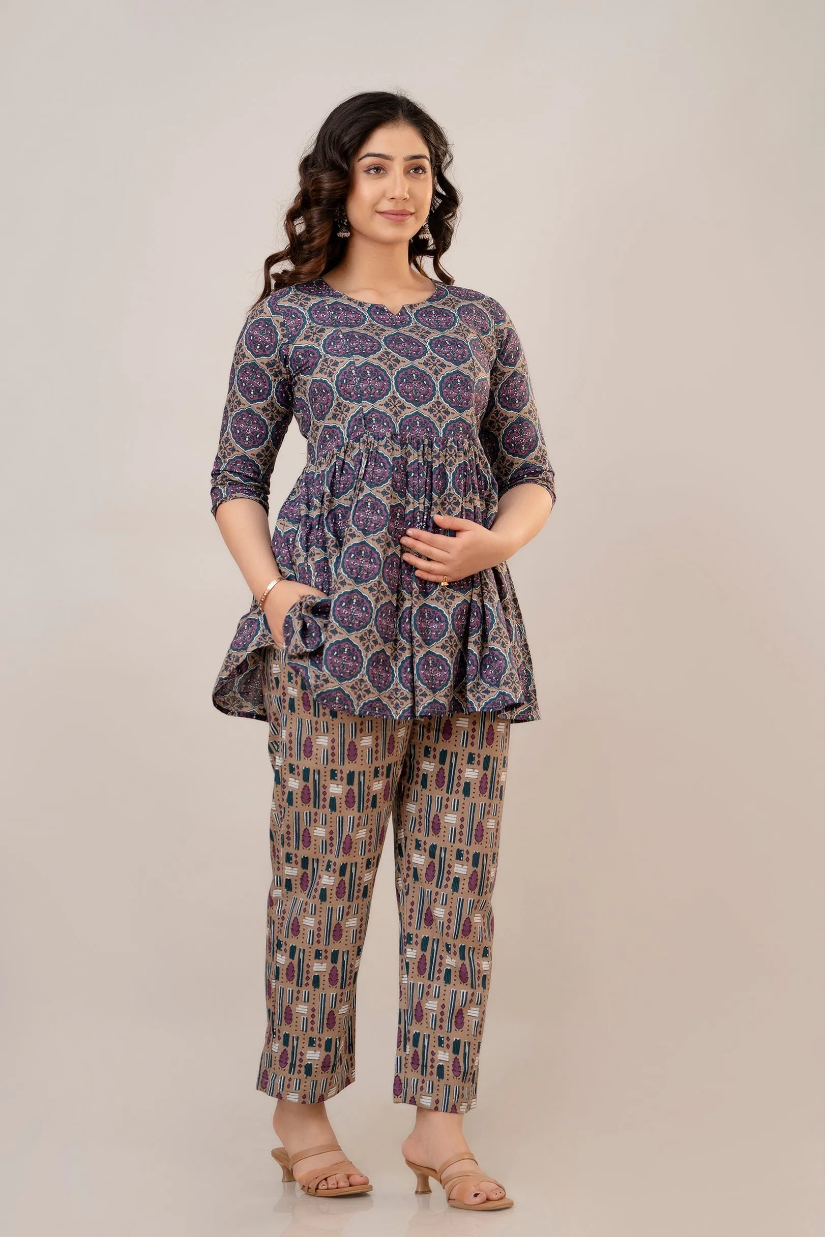 Purple Cotton Floral Print Maternity Co-Ord Set