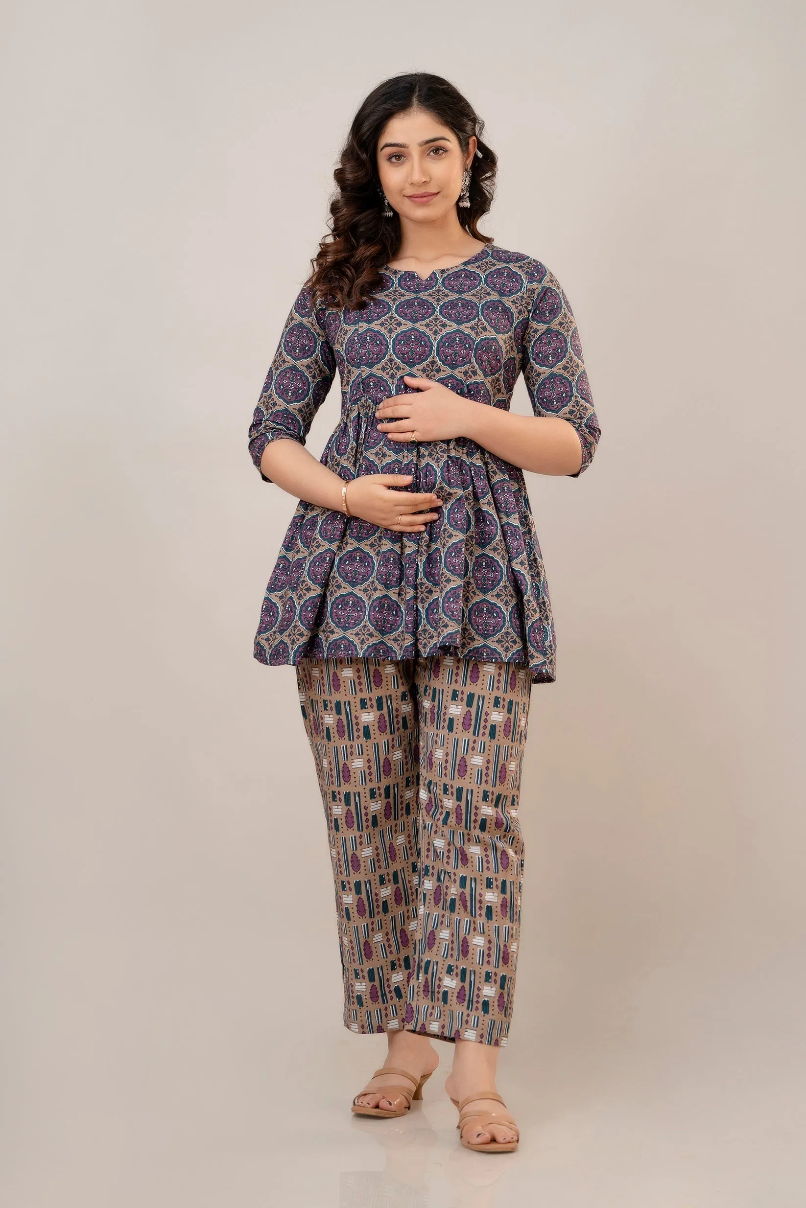 Purple Cotton Floral Print Maternity Co-Ord Set