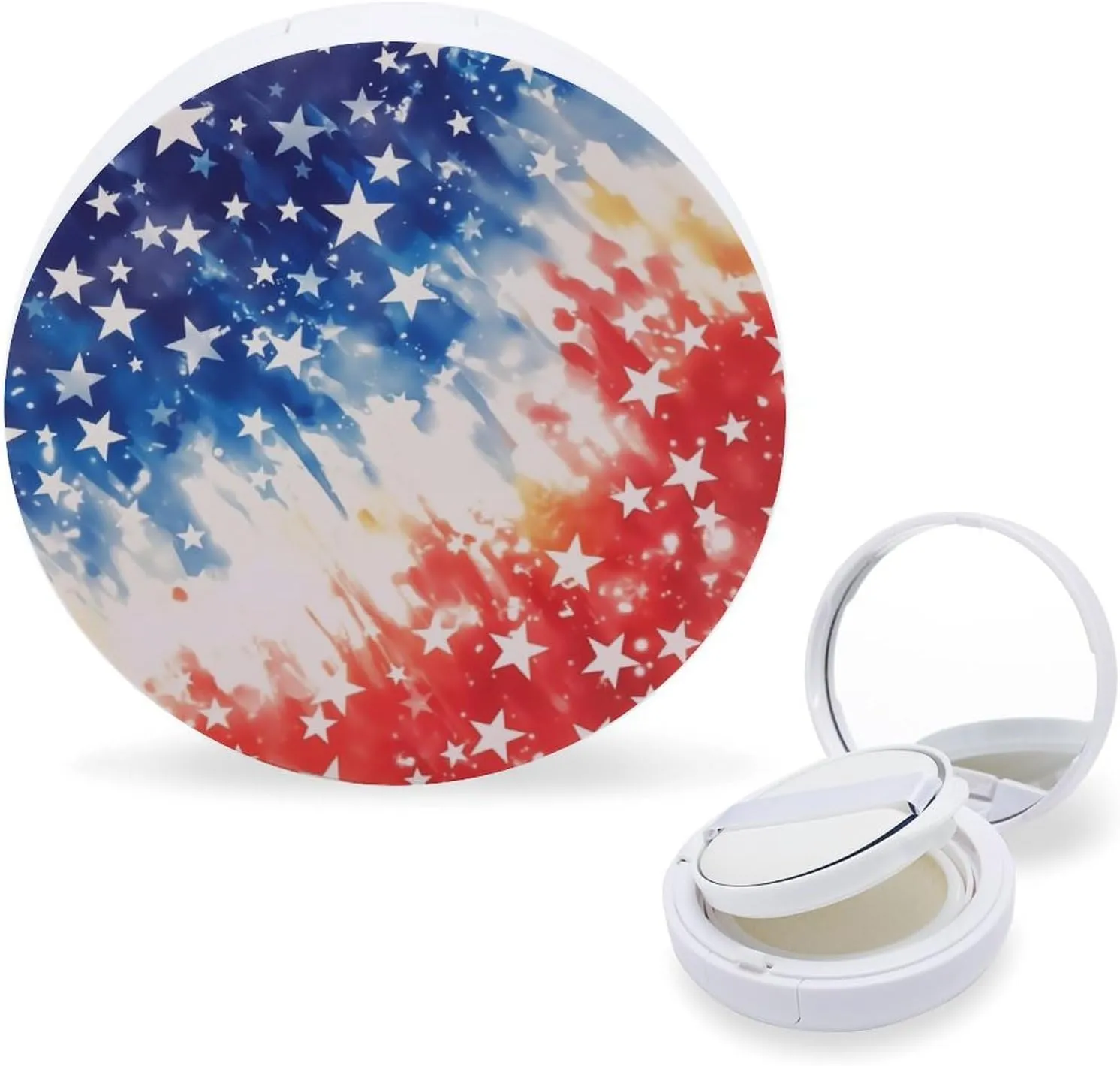 Red White Blue Tie-dye Pattern with Stars Air Cushion Puff Box Portable Cosmetic Makeup Case Container,Loose Powder Foundation Container