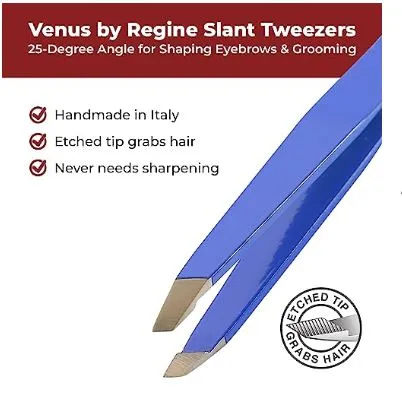 Regine Switzerland Slant Tweezer - Handmade in Switzerland - Professional Eyebrow & Facial Hair Remover - Etched Interior Grabs Hair from The Root - Perfectly Aligned Tips - Stainless Steel All Colours Available e