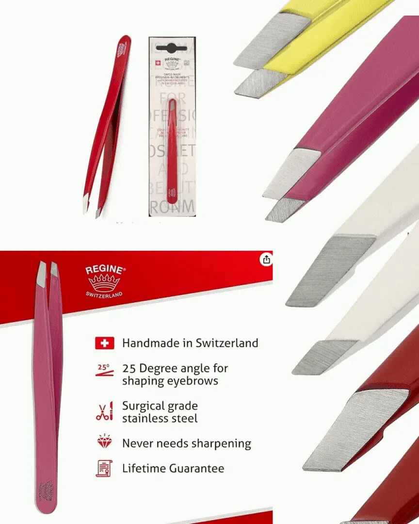Regine Switzerland Slant Tweezer - Handmade in Switzerland - Professional Eyebrow & Facial Hair Remover - Etched Interior Grabs Hair from The Root - Perfectly Aligned Tips - Stainless Steel All Colours Available e