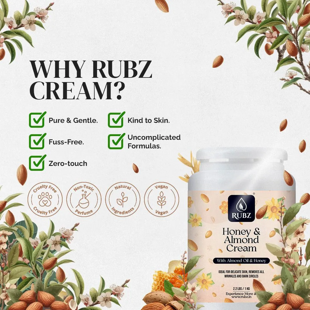 Rubz Honey & Almond cream with Vitamin E & Almond Oil | Deep moisturizing with instant hydration | Best body cream for dry skin for women | 1 Kg