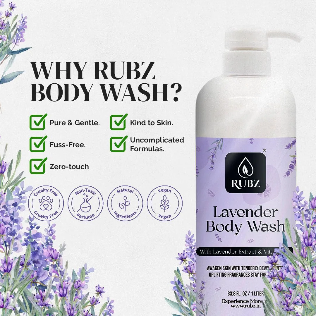 Rubz Lavender Body wash | Enriched With Glycerin & Long Lasting Fragrance | Soap-Free Body Wash For Women And Men | Paraben Free | SLS Free | 1 Litre