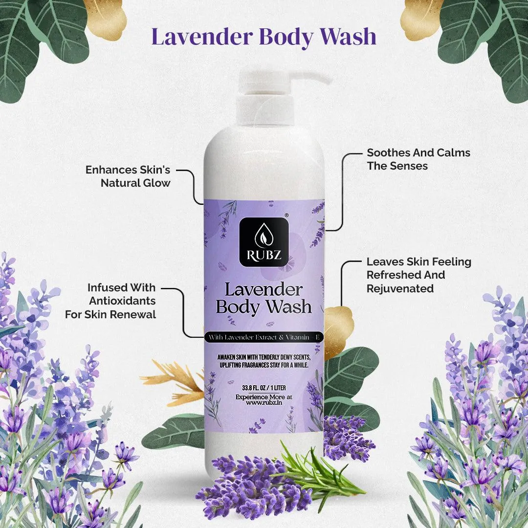 Rubz Lavender Body wash | Enriched With Glycerin & Long Lasting Fragrance | Soap-Free Body Wash For Women And Men | Paraben Free | SLS Free | 1 Litre
