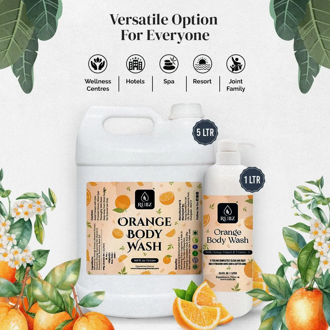 Rubz Orange Body wash | Enriched With Glycerin & Long Lasting Fragrance | Soap-Free Body Wash For Women And Men | Paraben Free | SLS Free | 1 Litre