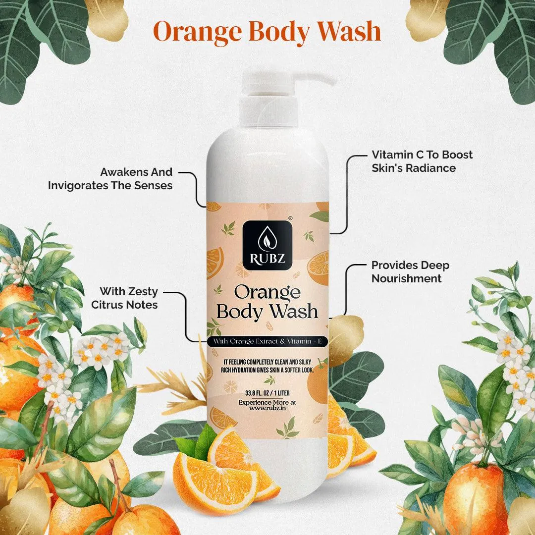 Rubz Orange Body wash | Enriched With Glycerin & Long Lasting Fragrance | Soap-Free Body Wash For Women And Men | Paraben Free | SLS Free | 1 Litre