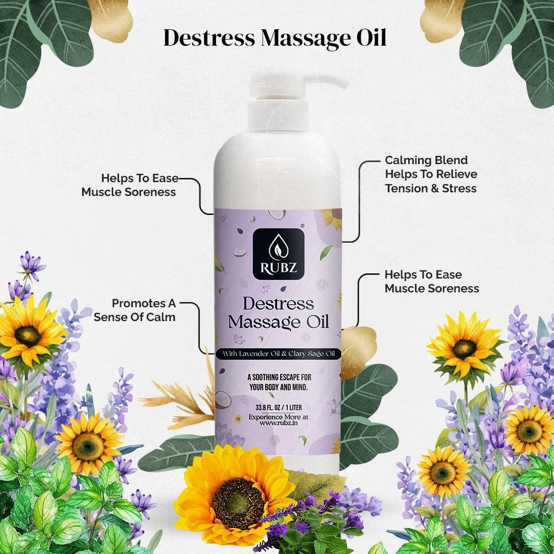 Rubz Premium Destress Body Massage Oil | Relaxing, Soothing & Destressing Body Massage Oil for Women & Men | Best for Aromatherapy & Full Body Spa | 1 Litre