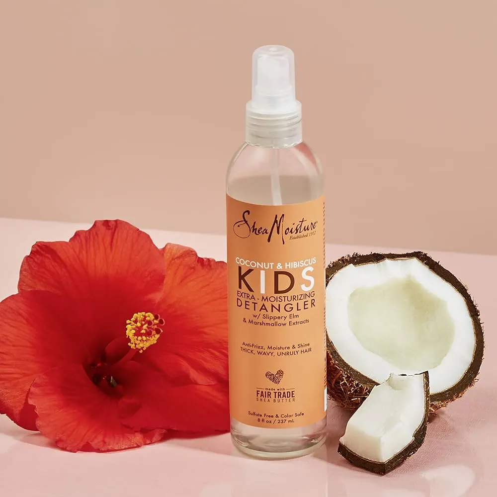 SHEA MOISTRE coconut & hibsicus kids extra moisturizing detangler slippery elm & marshmallow exttracts سبريه فك التشابك لشعر الاطفال من شيا مويستر