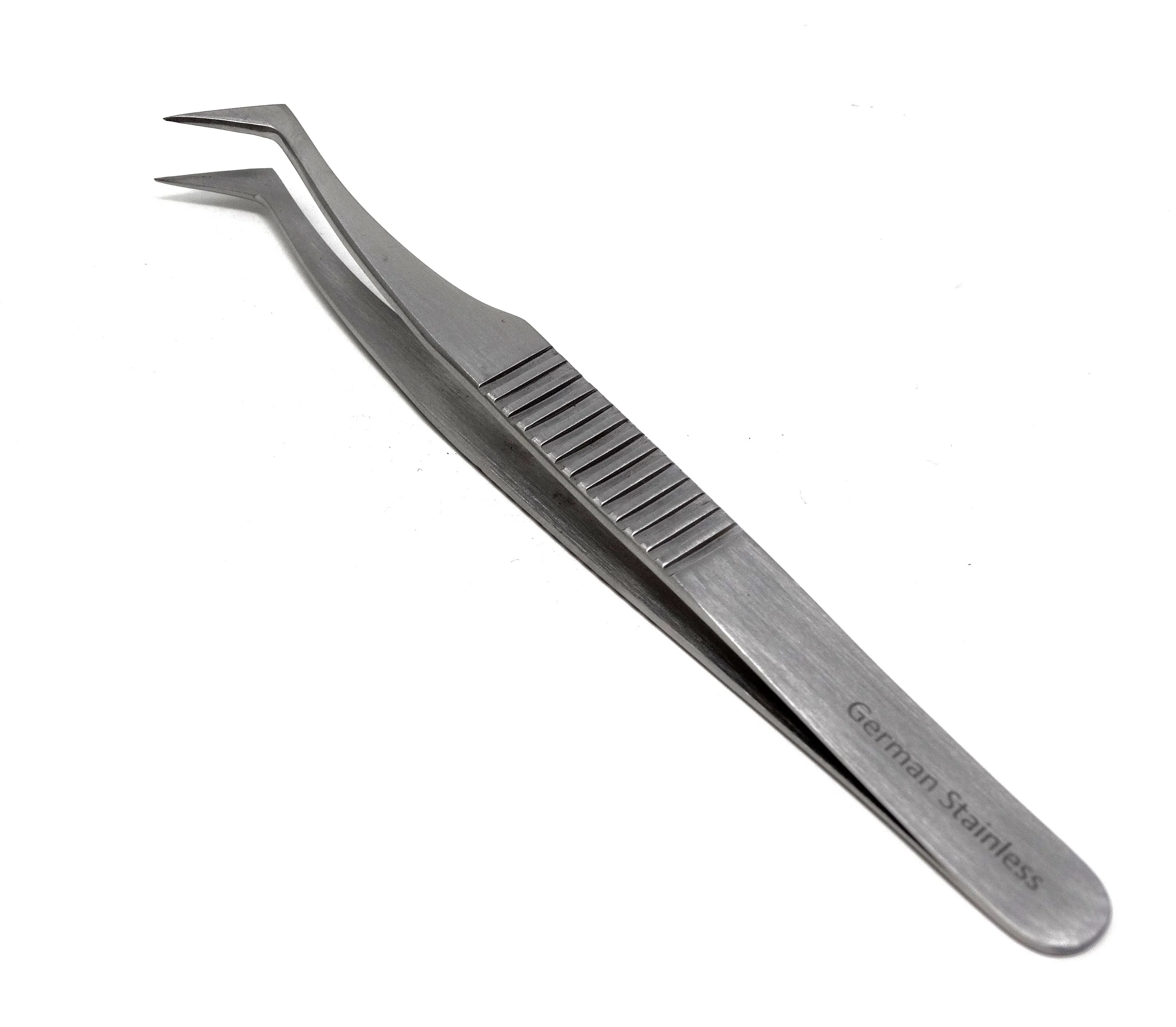 Stainless Steel 3D 5D 6D Volume False Eyelash Extension Tweezers Semi Angled, Ridged Handle, Premium Quality