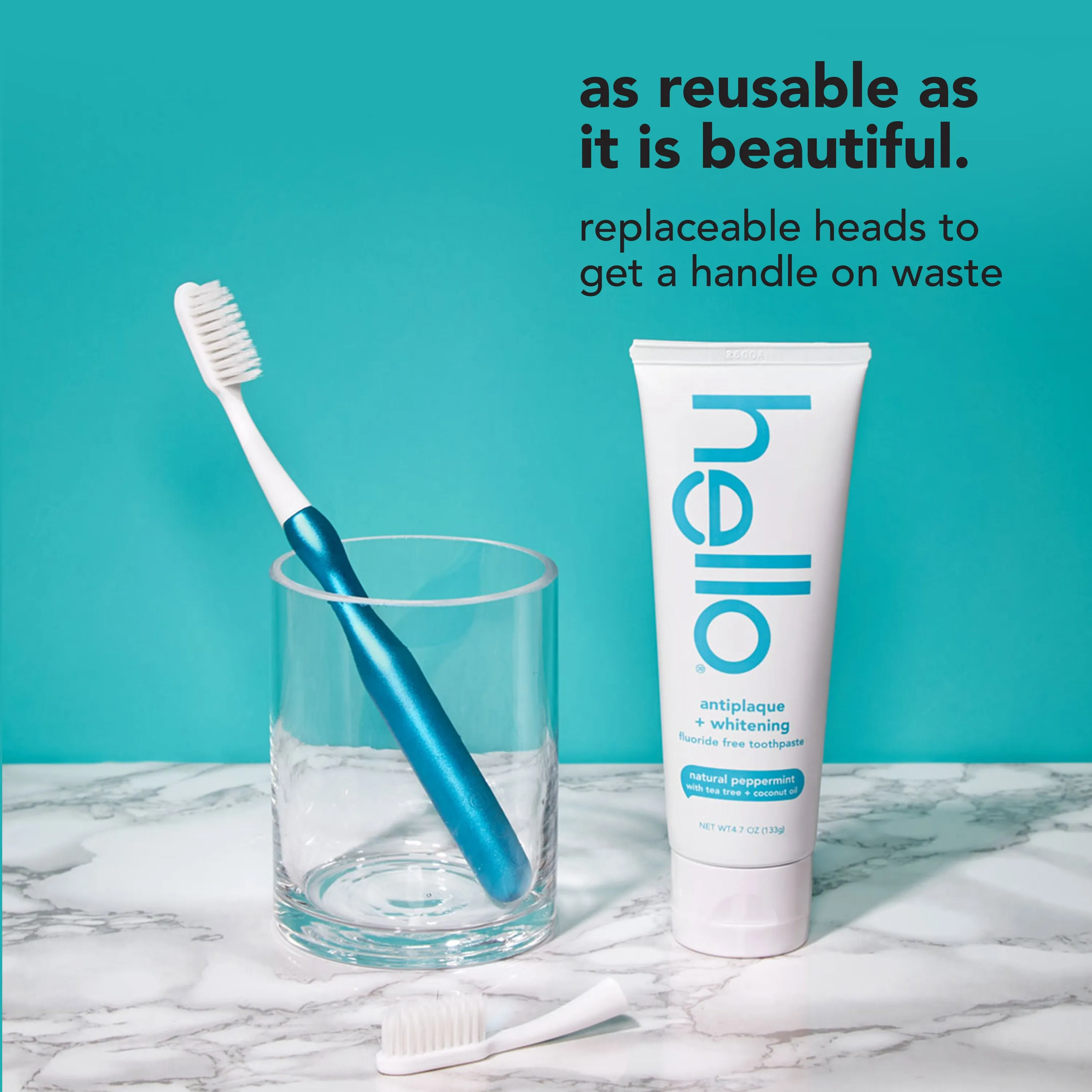 sustainable toothbrush with reusable blue aluminum handle