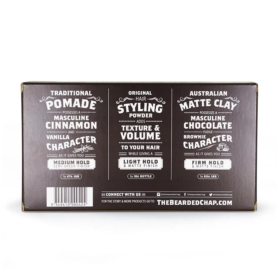 The Bearded Chap Hair Styling Trilogy Kit (47g Traditional Pomade, 18g Hair Styling Powder, 60g Australian Matte Clay)