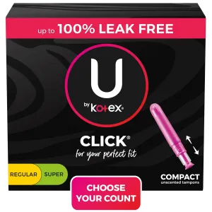 U by Kotex Click Compact Multipack Tampons, Regular/Super, Unscented, 45 Count