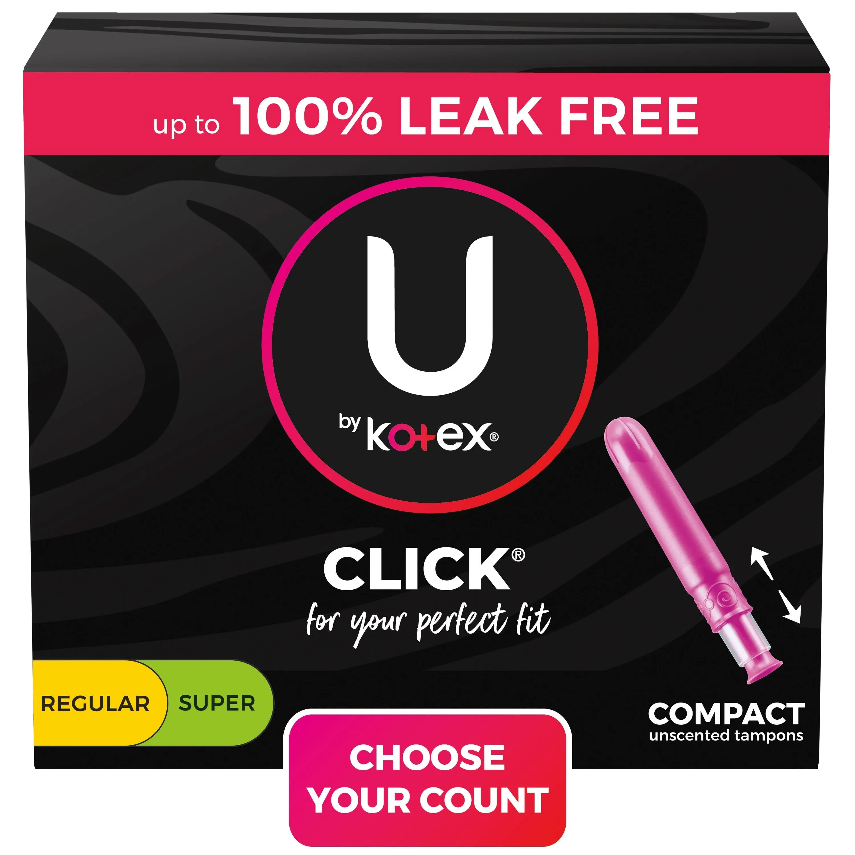 U by Kotex Click Compact Multipack Tampons, Regular/Super, Unscented, 45 Count
