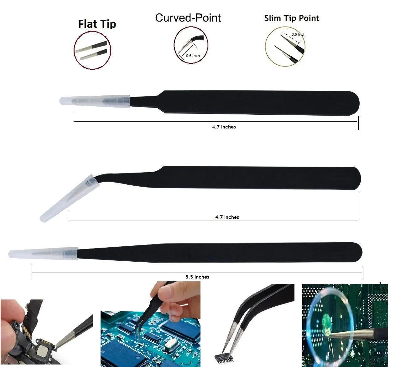 Univolt: 5pcs Non-Magnetic Straight and Curved Tips Tweezers Set