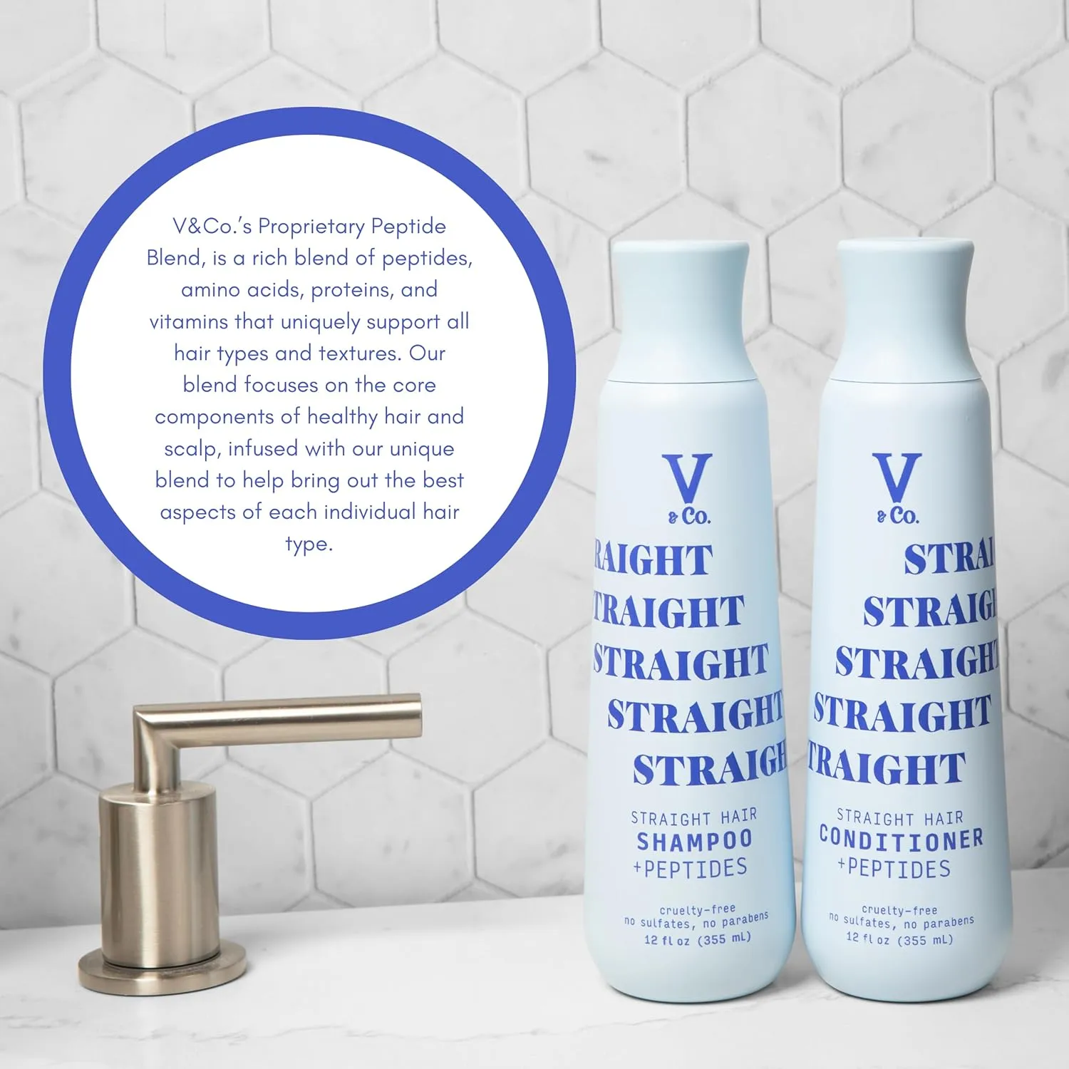 V & CO straight hair conditioner   peptides curlty free no sulfates no parabens بلسم الشعر المنسدل
