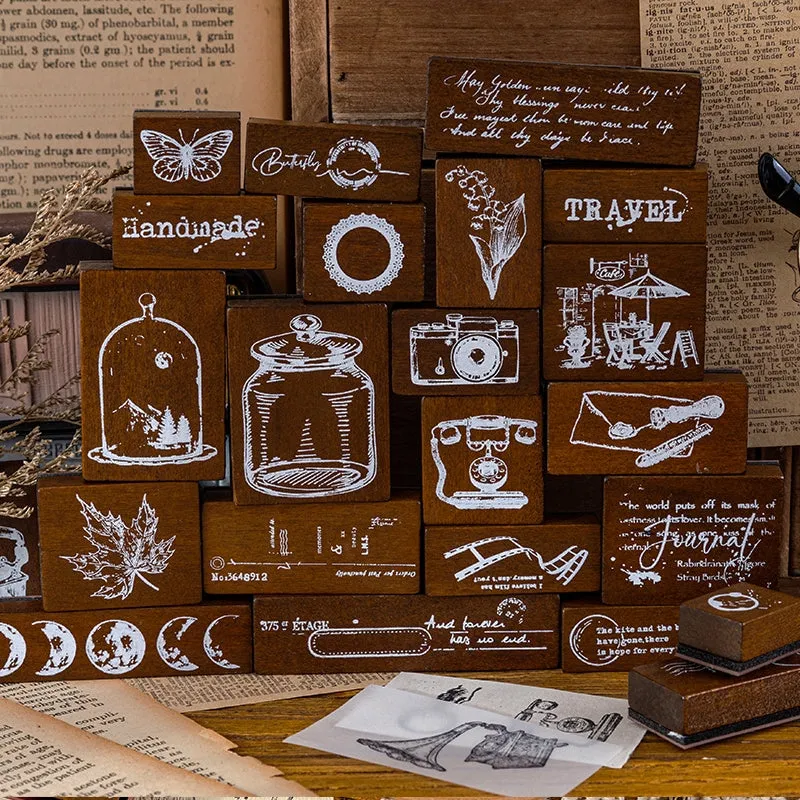 Vintage Wooden Stamp Set- Travel, Antiques, Moon, Bottle, Lace, Leaves, Words