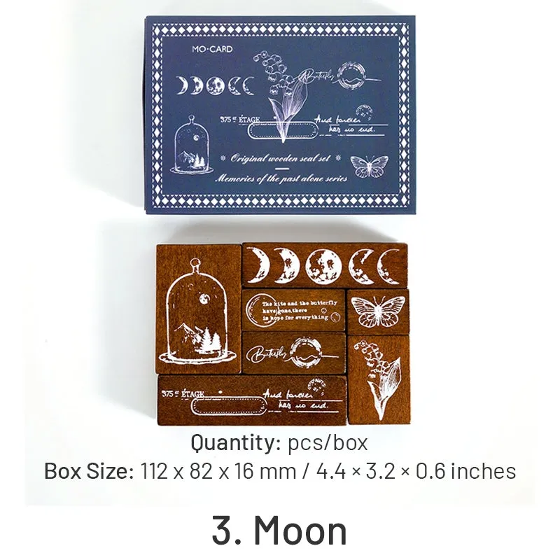 Vintage Wooden Stamp Set- Travel, Antiques, Moon, Bottle, Lace, Leaves, Words