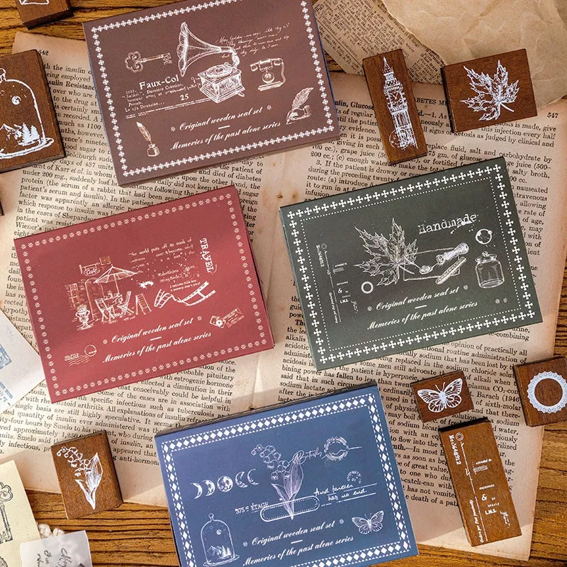 Vintage Wooden Stamp Set- Travel, Antiques, Moon, Bottle, Lace, Leaves, Words
