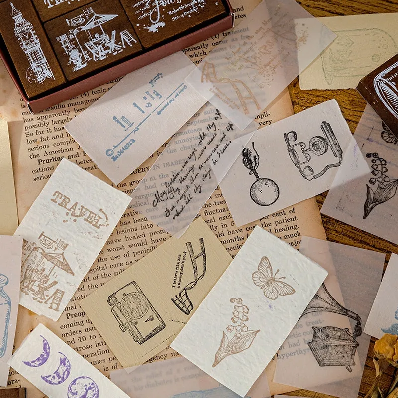Vintage Wooden Stamp Set- Travel, Antiques, Moon, Bottle, Lace, Leaves, Words