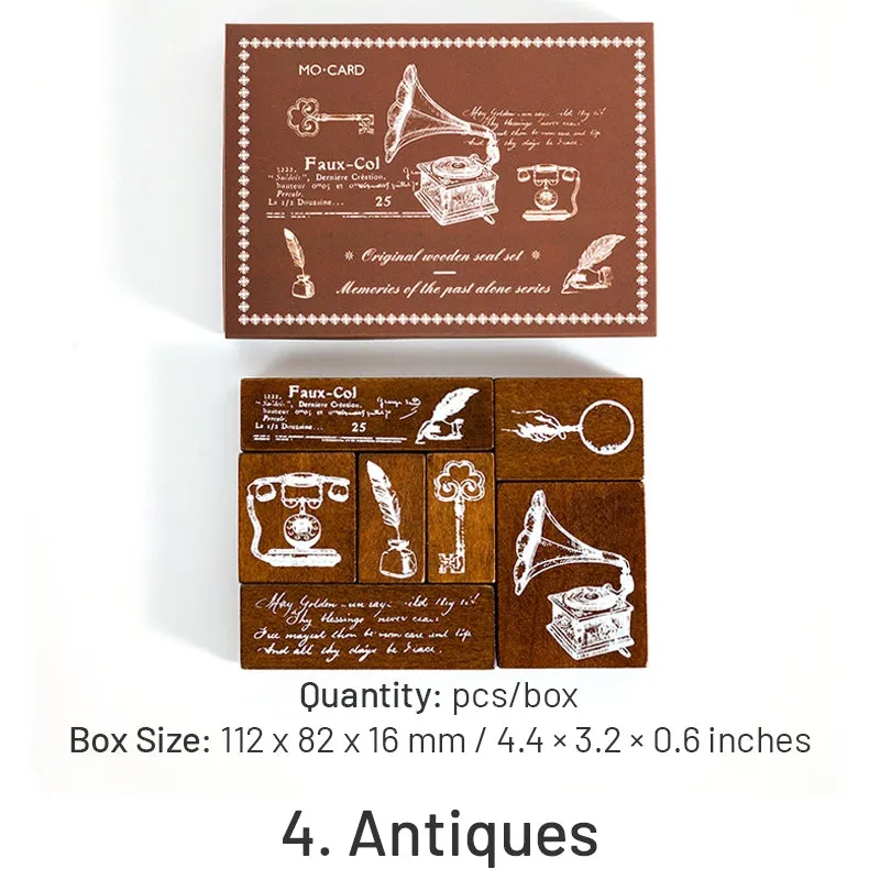Vintage Wooden Stamp Set- Travel, Antiques, Moon, Bottle, Lace, Leaves, Words