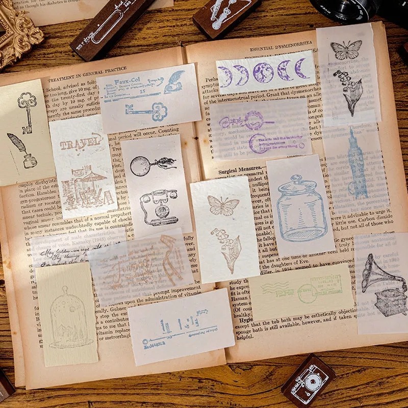 Vintage Wooden Stamp Set- Travel, Antiques, Moon, Bottle, Lace, Leaves, Words