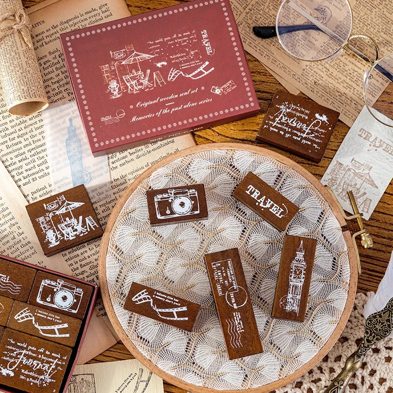 Vintage Wooden Stamp Set- Travel, Antiques, Moon, Bottle, Lace, Leaves, Words