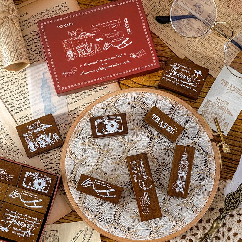 Vintage Wooden Stamp Set- Travel, Antiques, Moon, Bottle, Lace, Leaves, Words