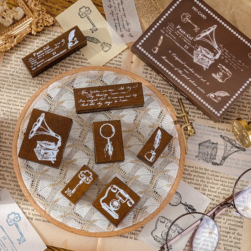 Vintage Wooden Stamp Set- Travel, Antiques, Moon, Bottle, Lace, Leaves, Words