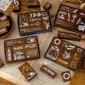 Vintage Wooden Stamp Set- Travel, Antiques, Moon, Bottle, Lace, Leaves, Words