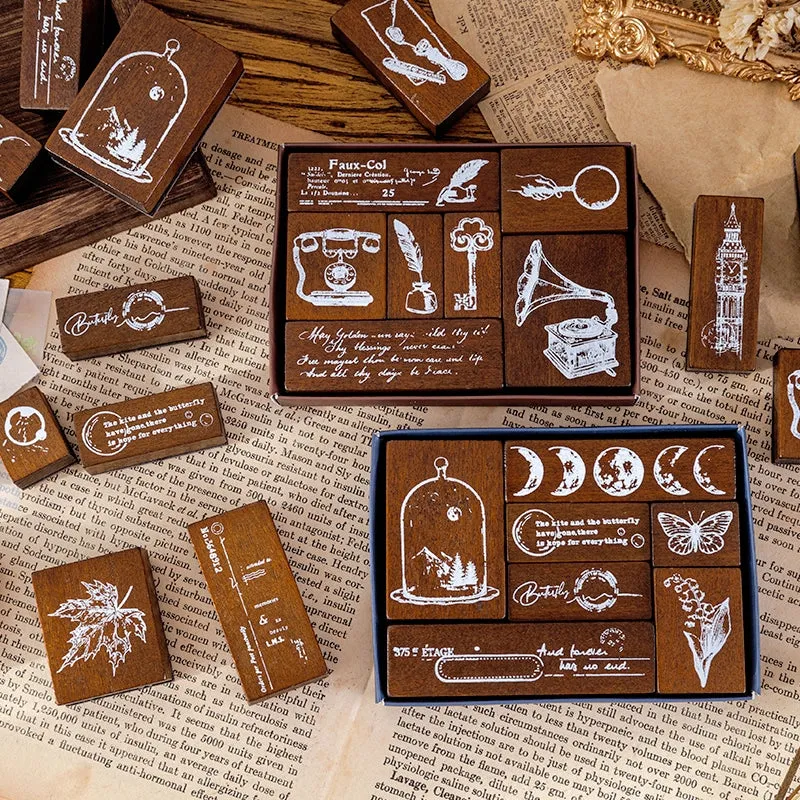 Vintage Wooden Stamp Set- Travel, Antiques, Moon, Bottle, Lace, Leaves, Words